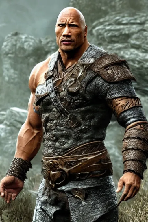 Prompt: dwayne the rock johnson as a character in the game skyrim