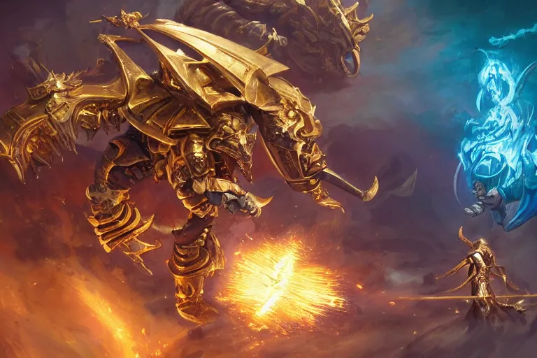 Prompt: close up shot a gold plated paladin fighting a demonic monster, mesmerizing, fantastical, concept art, highly detailed, artstation, trending, feng zhu, shaddy safadi, noah bradley, tyler edlin, jordan grimmer, darek zabrocki, neil blevins, tuomas korpi