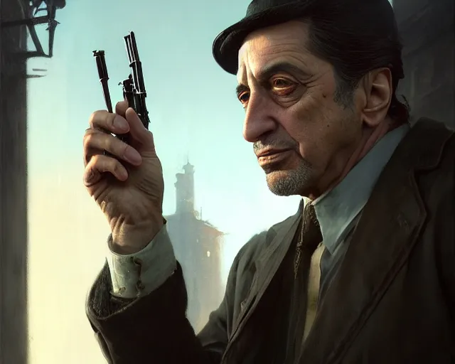 Image similar to highly detailed portrait of al pacino as vito scaletta, in mafia 2, stephen bliss, unreal engine, fantasy art by greg rutkowski, loish, rhads, ferdinand knab, makoto shinkai and lois van baarle, ilya kuvshinov, rossdraws, tom bagshaw, global illumination, radiant light, detailed and intricate environment