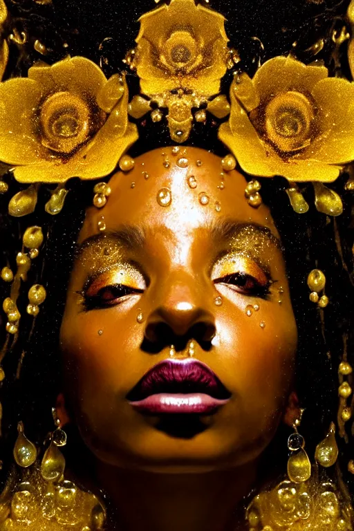 Image similar to hyperrealistic post rococo cinematic very expressive! black oshun goddess, in water up to her shoulders, mirror dripping droplet!, gold flowers, highly detailed face, digital art masterpiece, smooth eric zener cam de leon dramatic pearlescent back lighting, low angle uhd 8 k, sharp focus