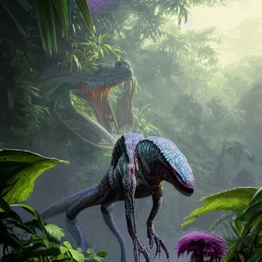 Prompt: Concept art of a scaly raptor-like alien creature, surrounded by a lush alien jungle with purple flora, Greg Rutkowski, Darek Zabrocki, Karlkka, Jayison Devadas, Phuoc Quan, trending on Artstation