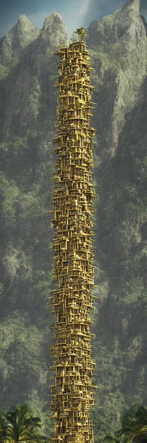 Image similar to photo of vertical golden tower, stacked ancient village, arid mountains and lush palm forest, photo realism, sharp focus, octane