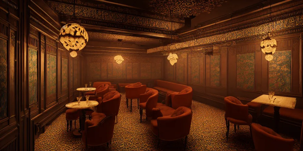 Image similar to prohibition era speakeasy, interior design by william morris, beautiful dramatic lighting, 8 k illustration, ornate and intricate, richly detailed, photorealistic imagery, artstation render inspired by victo ngai