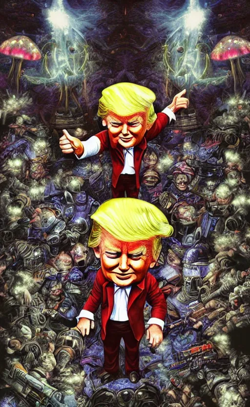Image similar to donald trump stars in the sky fairies with detailed faces enchanted forest mushrooms on the ground psychedelic wide angle shot white background vector art illustration gears of war by frank frazetta