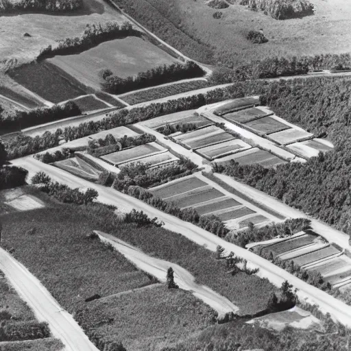 Prompt: Aerial establishing shot of circular wood palisade containing a village