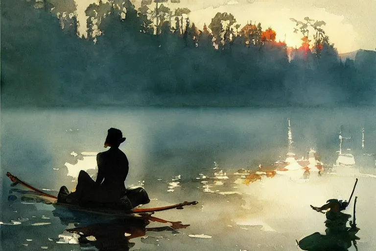 Prompt: watercolor painting of crystal clear summer lake, reflective, dawn, fog, ambient lighting, art by anders zorn and winslow homer, wonderful masterpiece by greg rutkowski, cinematic light, american romanticism by greg manchess, creation by tyler edlin