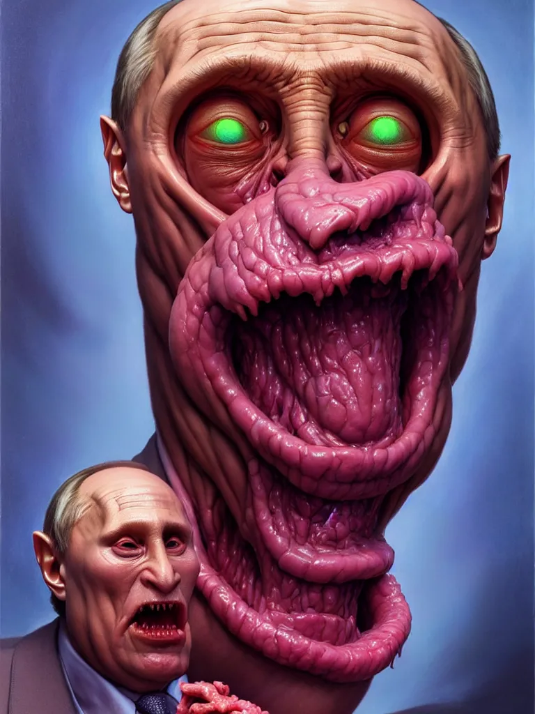 Image similar to hyperrealistic rendering, fat smooth cronenberg flesh monster vladimir putin by donato giancola and greg rutkowski and wayne barlow and zdzisław beksinski, eyeballs, product photography, action figure, sofubi, studio lighting, colored gels, colored background