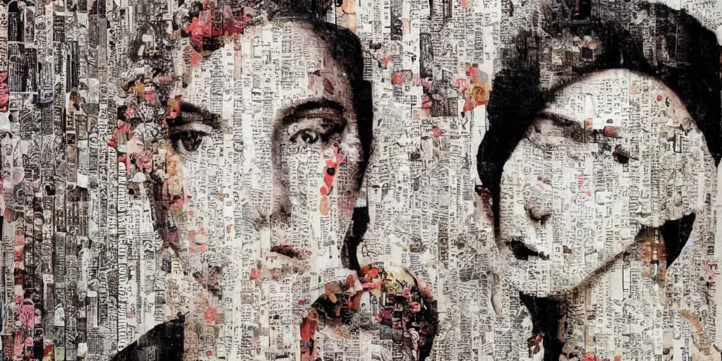 Image similar to beautiful portrait of a woman made up of images cut out of a magazine, contrast, texture,