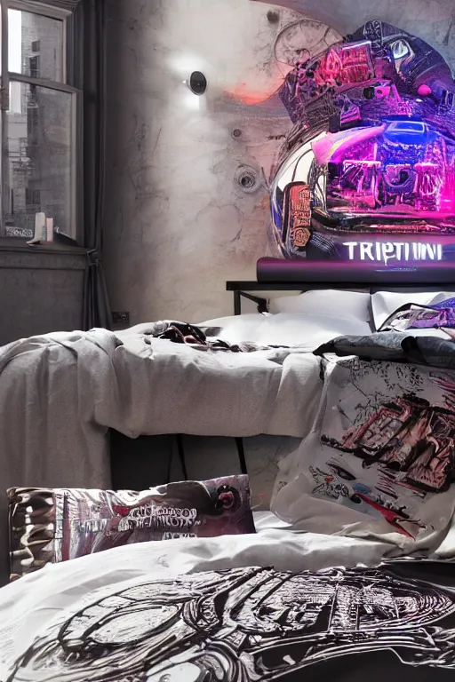 Image similar to photo of bedlinen in a modern bedroom, band merchandise, bandname is tripmachine, tourname is invasion of the tripmachines, realistic digital art, textured with a 3 d render of a huge futuristic steampunk generator, 8 k, fluorescent colors, halluzinogenic, multicolored, exaggerated detailed, unreal engine