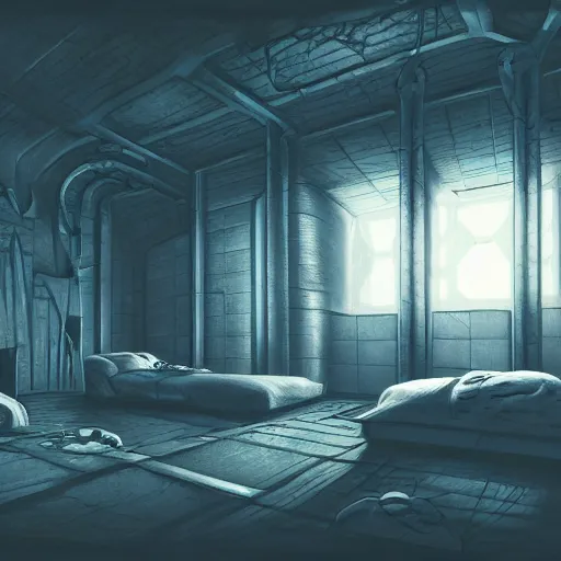 Prompt: the hibernation cabin are neatly arranged on the wall, horizontal composition, future style, dark, h. r. giger, blue color scheme, huleeb, concept art, trending on artstation