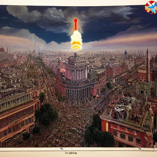 Image similar to nuclear bomb exploding in the center of a city, detailed 1 9 2 0 ’ s colored pencil, highly detailed, highly accurate, deep aesthetic, 8 k, highly ornate intricate details, cinematic lighting, rich colors, ray tracing, hyperrealistic, photorealistic, cinematic landscape, trending on artstation,