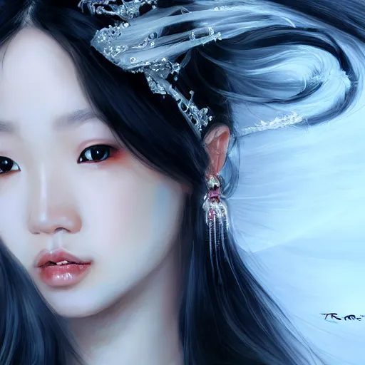 Prompt: Asian girl, watery black eyes, long wavy black hair, white veil, front closeup, highly detailed, centered, oil painting, artstation, concept art by Tran Ross