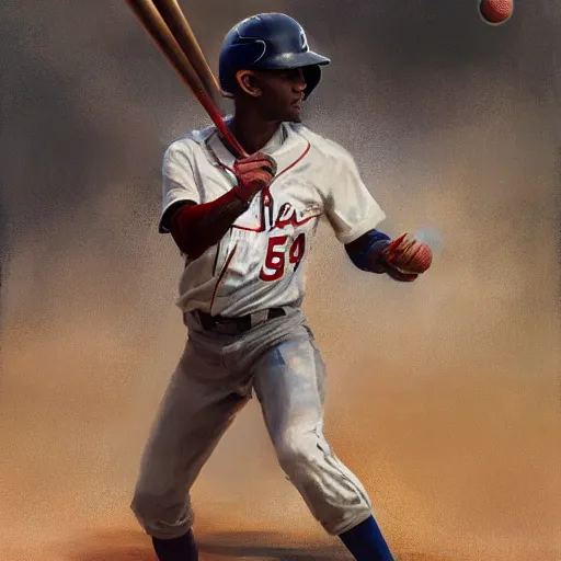 Image similar to baseball player hitting the ball with the baseball bat in the middle of the game and in front of everyone in the stadium, james gurney painting style, greg rutkowski, artstation