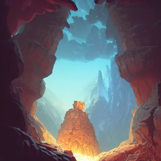 Image similar to view of the entrance to a dungeon of the gods at the base of an ancient mountain, realistic lighting, dark, foreboding, highly detailed, chaotic small details, behance hd, by rhads, makoto shinkai and lois van baarle, ilya kuvshinov, rossdraws, global illumination