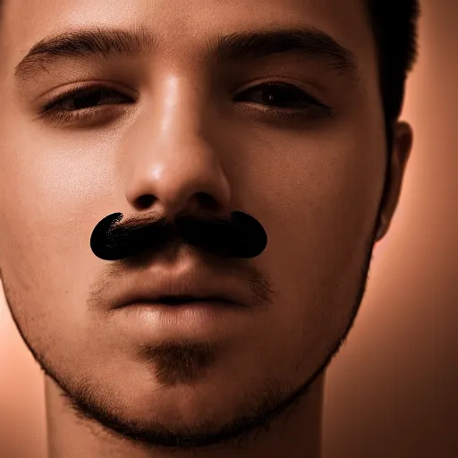 Prompt: closeup of a young gentlemen's face with a mustache, 4K, beautiful, sunset