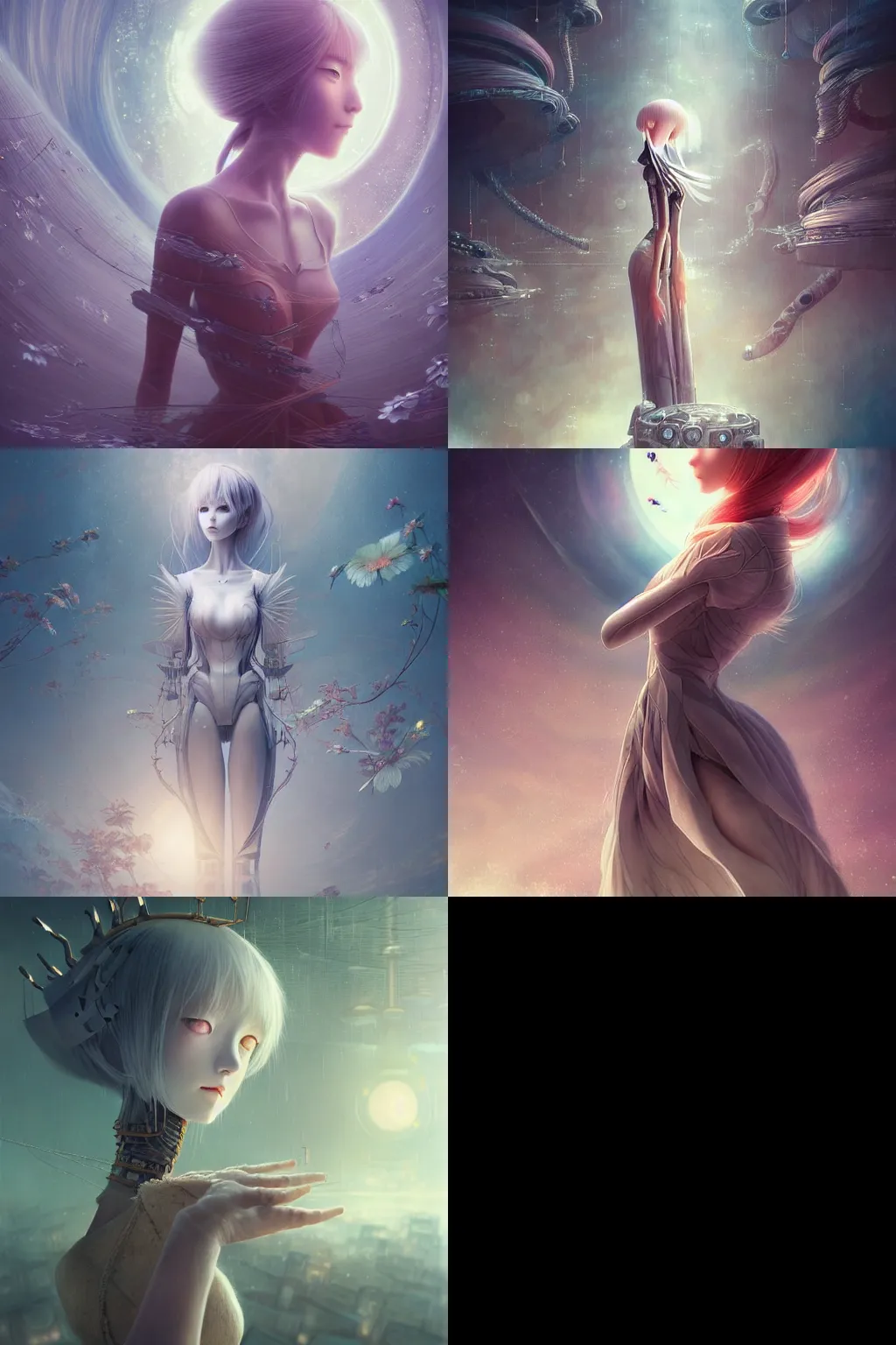 Prompt: detailed, sharp, dreaming humanoid female automata floating in above a dystopia by Anna Dittmannand by hayao miyazaki. digital art. surreal. trending on art station. anime arts. featured on Pixiv, HD, 8K, highly detailed, good lighting. beautiful. epic.