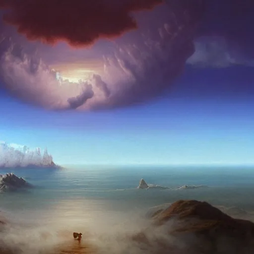 Prompt: A man made of clouds walking over a blood ocean, masterpiece, ultra detailed, unreal engine 5, illustration, Albert Bierstadt and Henri.