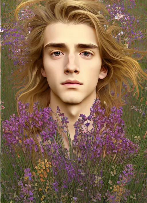 Image similar to pretty young man with shoulder length shiny shimmering golden blond hair, half body shot, emotional, decorative flower patterned background, path traced, highly detailed, high quality, digital painting, by studio ghibli and alphonse mucha, leesha hannigan, hidari, disney, jules bastien - lepage, art nouveau