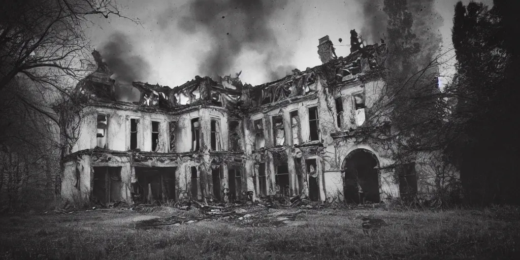 Prompt: detailed analog medium format photo made by tarkovsky, wide angle polaroid photo of a man in haki trenchcoat standing outside old gothic abandoned villa in country while it is burning in flames, high production value, intricate details, 8 k resolution, hyperrealistic, hdr, photorealistic, high definition, tehnicolor, award - winning photography, masterpiece, amazing colors,