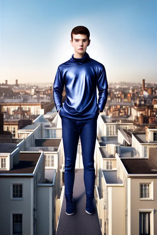 Image similar to un ultra high definition studio quality photographic art portrait of a young man standing on the rooftop of a british apartment building wearing soft padded silver pearlescent clothing. three point light. extremely detailed. golden ratio, ray tracing, volumetric light, shallow depth of field. set dressed.