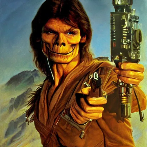 Prompt: ultra realistic portrait painting of skeletor as han solo, art by frank frazetta, 4 k, ultra realistic, highly detailed, epic lighting