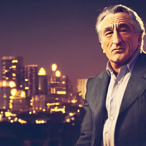 Image similar to a still of Robert De Niro . Shallow depth of field. City at night in background, lights, colors ,studio lighting, mood, 4K. Profession photography