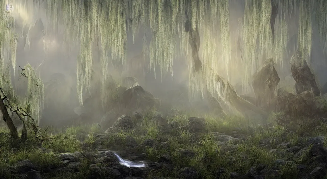 Image similar to photorealistic matte painting misty weeping willow overgrowth undergrowth jagged rock features volumetric fog light rays high contrast dawn mr burns