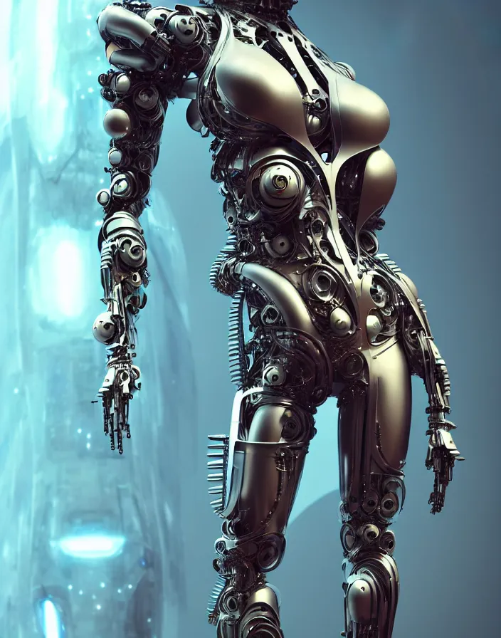 Prompt: full lenght shot, super hero pose, woman in biomechanical dress, inflateble shapes, wearing epic bionic cyborg implants, masterpiece, intricate, biopunk futuristic wardrobe, highly detailed, artstation, concept art, background galaxy, cyberpunk, octane render