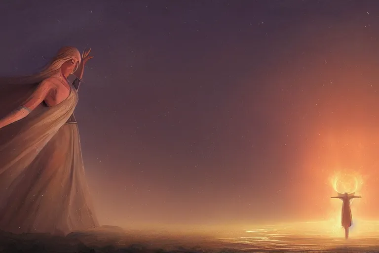 Prompt: Blond priestess woman praying in front of the horizon at dawn, in an antic sanctuary, cinematic light, digital painting by Magali Villeneuve and Noah Bradley, atmospheric effects, fireflies, 4K, artstation