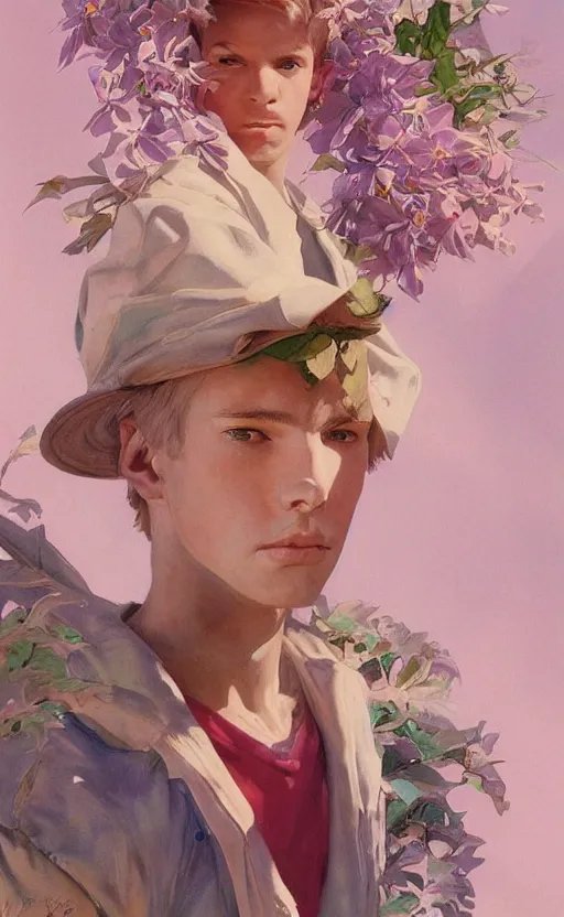 Image similar to androgynous cute pink haired teen boy wearing greek clothes, muted colors, colorful flowers, tropical, sunlight filtering through skin, j. c leyendecker, by alan lee, wlop! illustrated by starember, fantasy art by craig mullins cfg _ scale 8