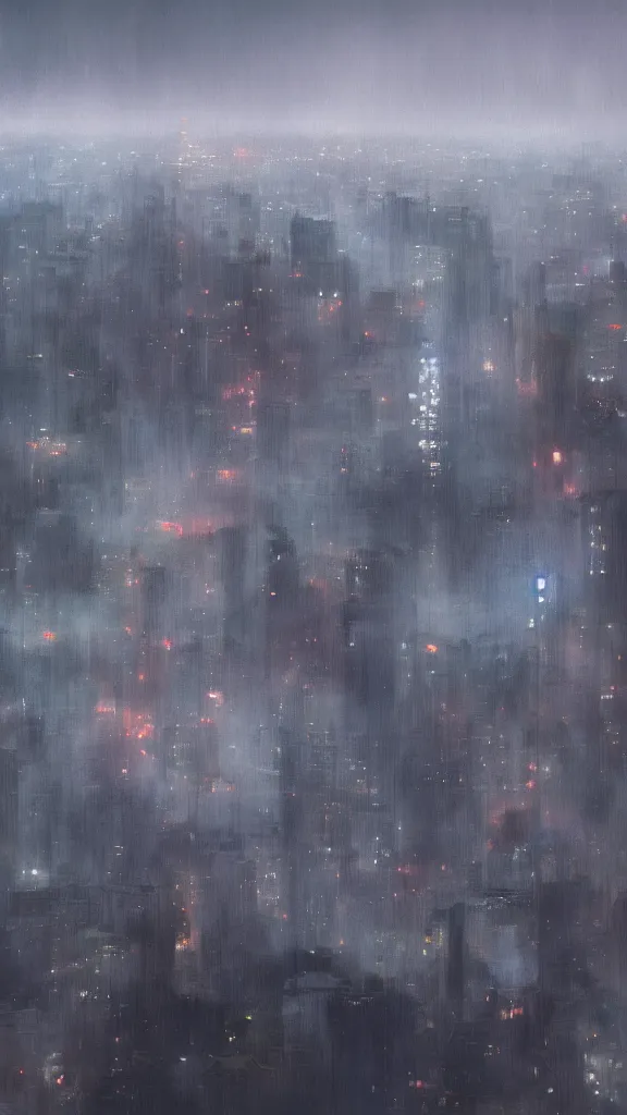 Prompt: a digital painting of a expansive view of the rainy night in tokyo, gray clouds and thunder in the sky, gray color scheme, ultrawide shot, art greg rutkowski, 4 k, highly detailed, oil painting, concept art