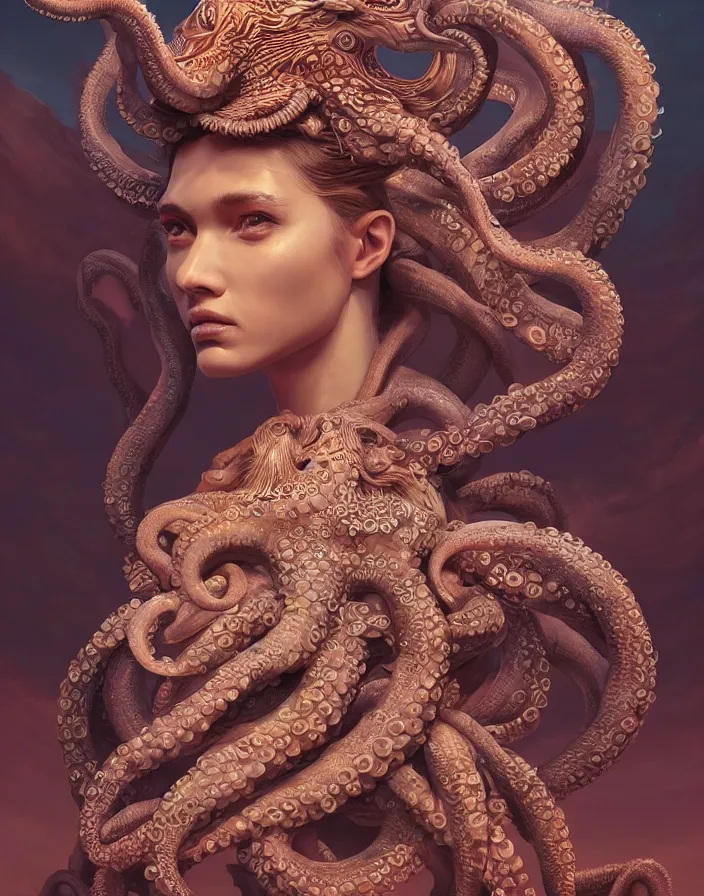 Image similar to goddess portrait. octopus phoenix head. intricate artwork by Tooth Wu and wlop and beeple and dan mumford. octane render, trending on artstation, greg rutkowski very coherent symmetrical artwork. cinematic, hyper realism, high detail, octane render, 8k, depth of field, bokeh