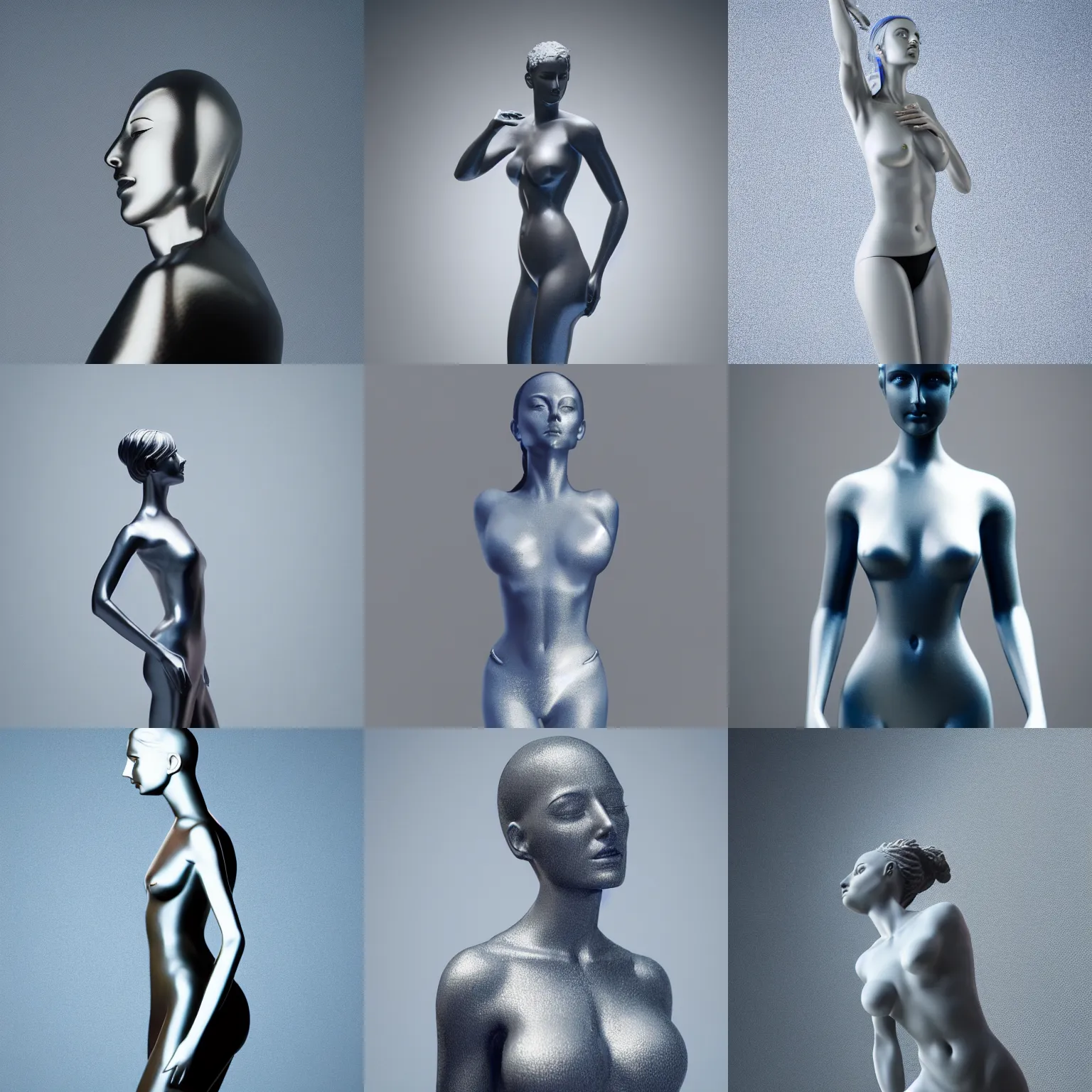 Prompt: ( statue of the perfect woman ) designed by bosch, studio photo, white backdrop, studio light, solid works, octane render, macro shot, in focus, dept of field, silver, blue, black design