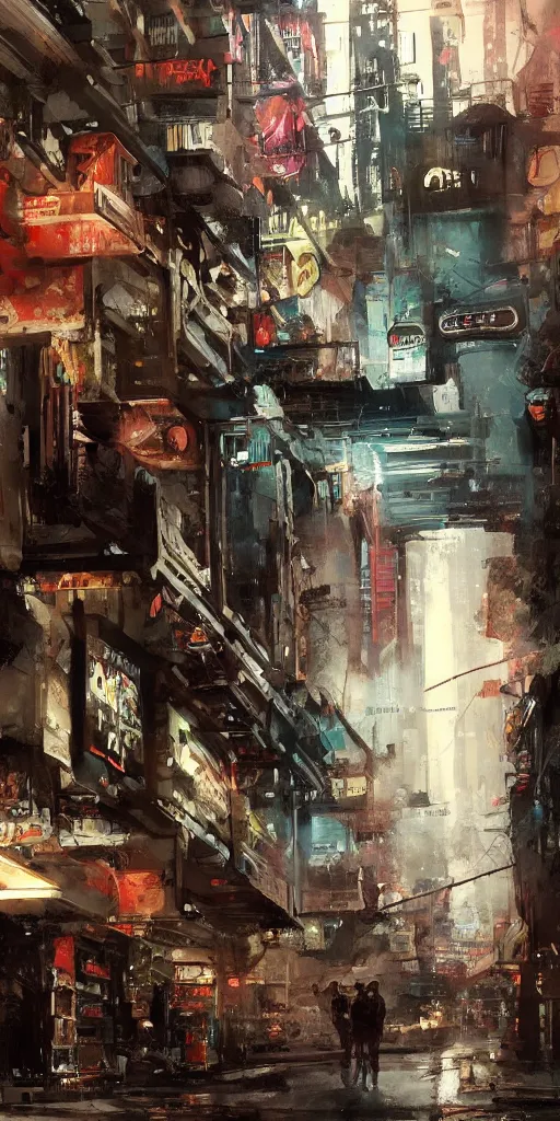 Image similar to the entrance of general store seven - eleven located in the middle of a sci - fi city, street view, sci - fi cars, painted by ashley wood and phil hale, blade runner, masterpiece, award - winning, sharp focus, intricate concept art, ambient lighting, 8 k, artstation, pixiv