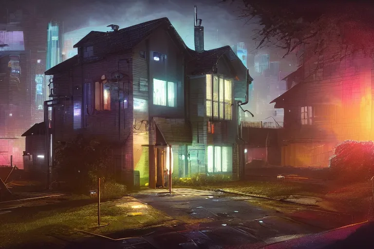 Image similar to cyberpunk, an estate agent listing photo, external view of a 5 bedroom detached house in the UK, it's night time, by Paul Lehr, highly detailed, photorealistic, unreal engine, 8k,