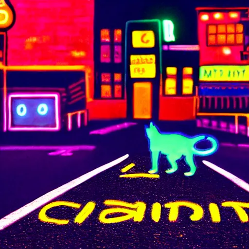 Image similar to neon city with a cat in the road cinematography