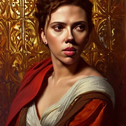 Image similar to highly detailed oil painting | very intricate | cinematic lighting | award - winning | the beautiful scarlett johansson wearing a flowing toga | by godward, by tom bagshaw, by j. c. leyendecker and klimt, beautiful cinematic light, american romanticism, by alphonse mucha, artstation, cgsociety, official art, octane