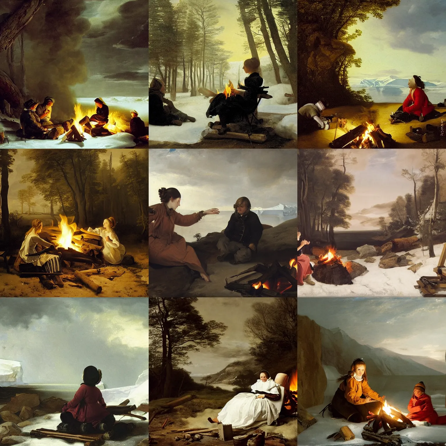 Prompt: Girl warming herself by a campfire, art by pieter claesz, beautiful Antarctic background by Albert Bierstadt, movie still, cinematic