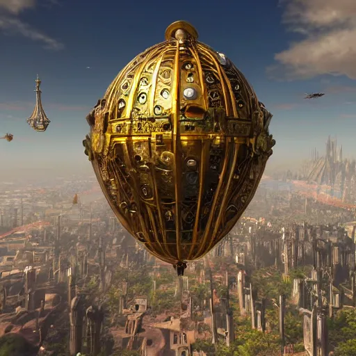 Image similar to enormous flying steampunk city in a faberge egg, sky, fantasy art, unreal engine,