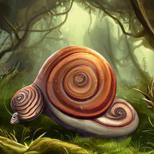 Image similar to friendly smiling giant snail in fantasy feywild swamp, illustration, realistic