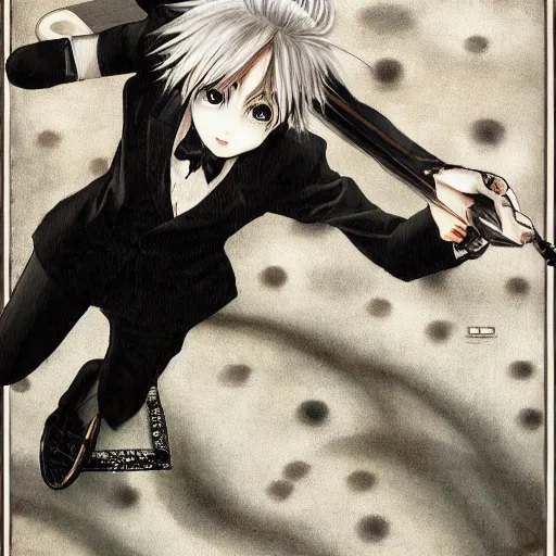 Image similar to Yoshitaka Amano realistic illustration of an anime girl with short white hair and black eyes wearing tuxedo, black and white battle background from Earthbound game, film grain effect, highly detailed, Renaissance oil painting