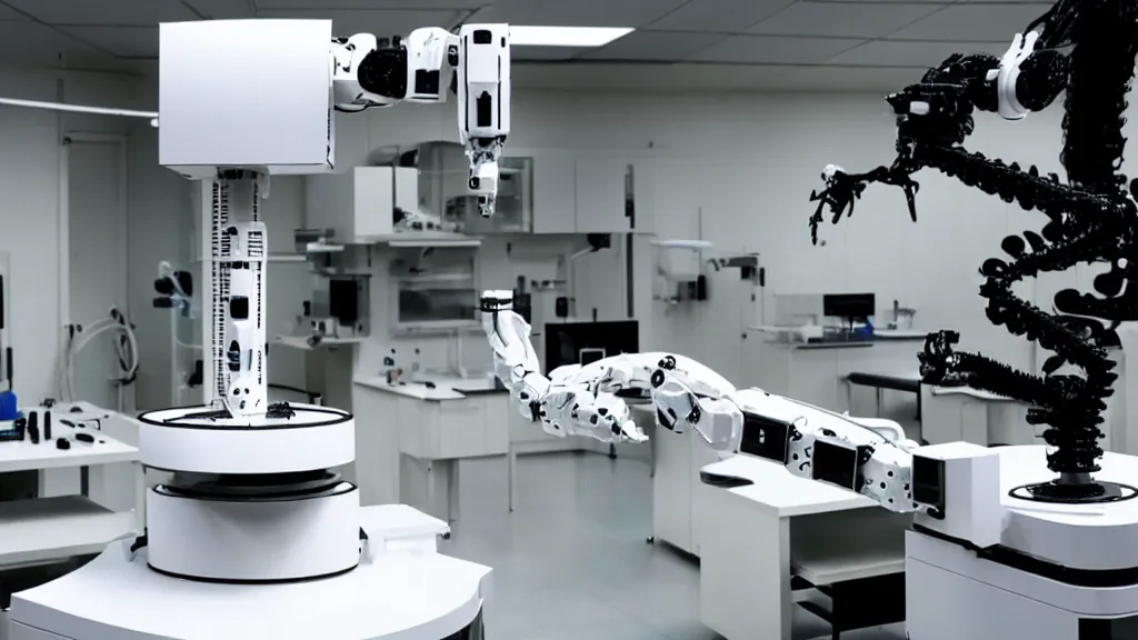 Image similar to a complex bifurcated robotic cnc surgical arm hybrid mri 3 d printer machine making black and white ceramic mutant forms in the laboratory inspection room, film still from the movie directed by denis villeneuve with art direction by salvador dali, wide lens