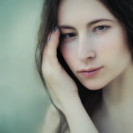 Image similar to photorealistic portrait of a beautiful young woman, very blurry, out of focus, translucent stone white skin, closed eyes, foggy, closeup