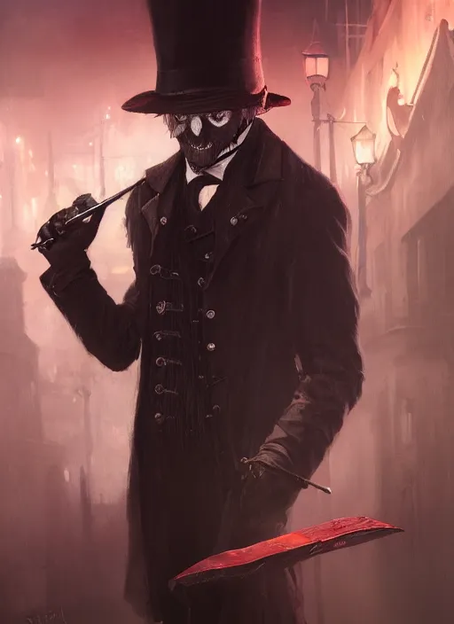 Image similar to highly detailed portrait of jack the ripper, realistic, horror, fantasy art by greg rutkowski, stanley artgerm, loish, rhads, tom bagshaw, global illumination, radiant light, detailed and intricate environment