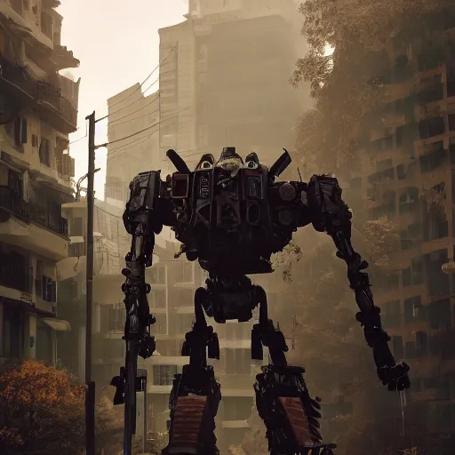 Image similar to six feet tall mech fighting in an urban environment, gaudi, by ismail inceoglu, octane render, by weta digital, cinematic lighting, bump mapped, lumen reflections, action scene screenshot, epic scale