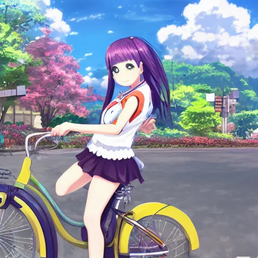 Prompt: anime girl with harajuku style clothing in a bike looking back with armenia quindio in the background , Artwork by Makoto Shinkai, pixiv, 8k, official media, wallpaper, hd