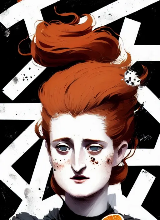 Image similar to highly detailed closeup portrait of beautiful grace gummer as dom dipierro, wavy ginger hair, black dress, by atey ghailan, by greg rutkowski, by greg tocchini, by james gilleard, by joe fenton, by kaethe butcher, gradient orange, black and white color scheme, grunge aesthetic!!! ( ( graffiti tag wall background ) )