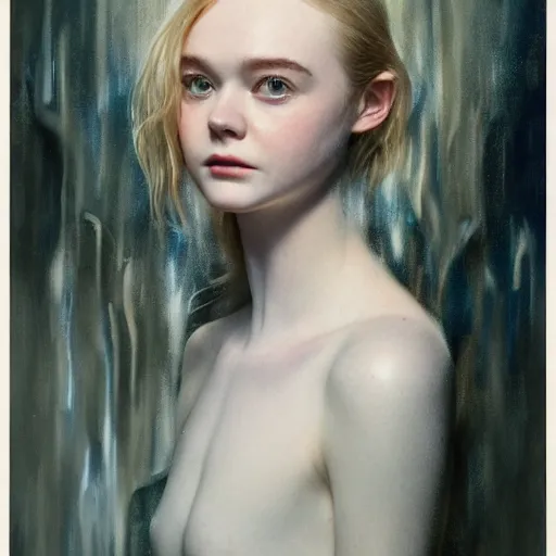 Image similar to Elle Fanning in a cave in the world of Adam Wyeth, head and shoulders portrait, stormy weather, extremely detailed masterpiece, oil on canvas, low-key neon lighting, artstation, Blade Runner 2049, Roger Deakin’s cinematography, by J. C. Leyendecker and Peter Paul Rubens and Edward Hopper and Michael Sowa,