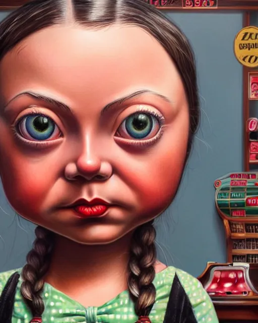 Image similar to closeup profile portrait of a tin toy greta thunberg as a 1 9 3 0 s gangster's moll in a gambling den, bikini, hyper realistic, artstation, illustration, nicoletta ceccoli, mark ryden, lostfish, max fleischer, digital paint, matte paint, vivid colors, bright, cheerful, detailed and intricate environment