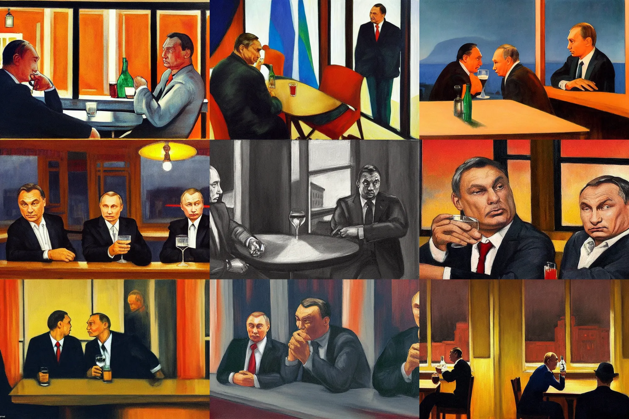 Prompt: viktor orban and putin drinking in a bar, view from the windows on a burning city, in the style of edward hopper, highly detailed face